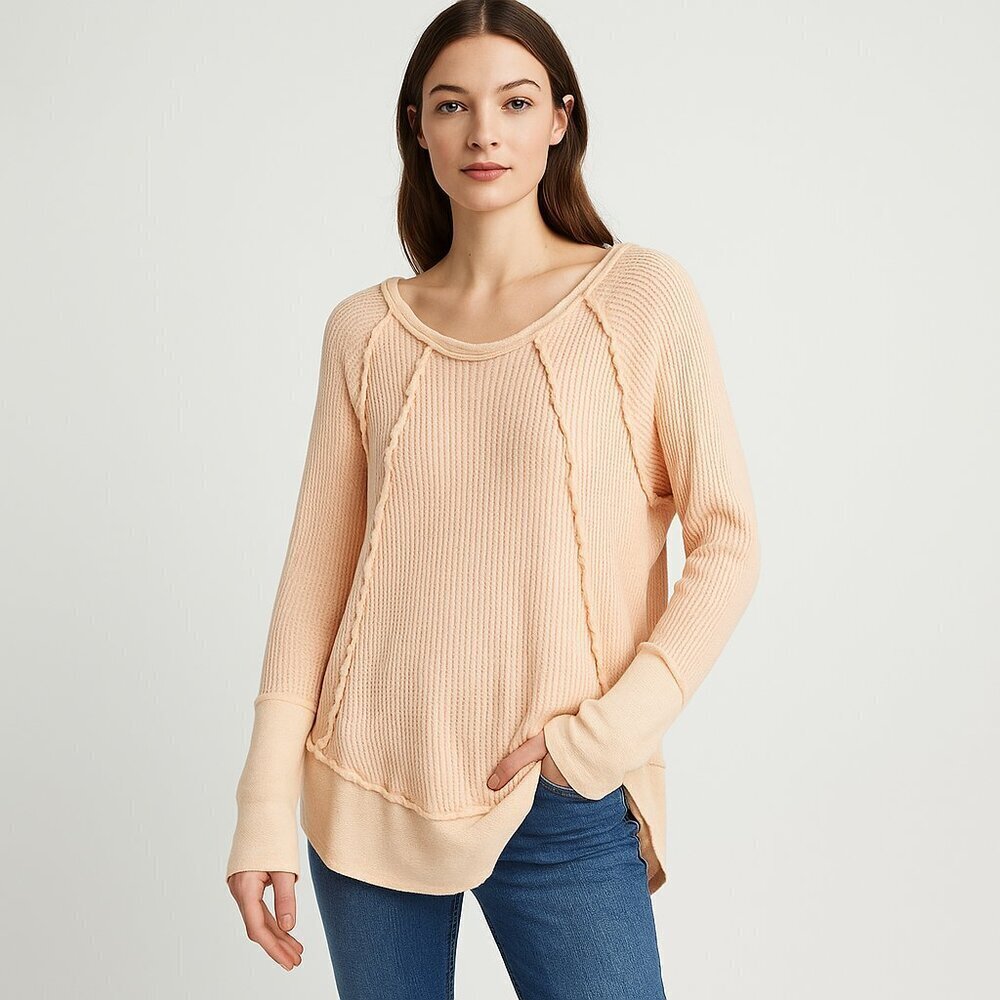 Free People We The Free Oversized Thermal Exposed Seam Pastel Blush Boho Top XS - Picture 1 of 10